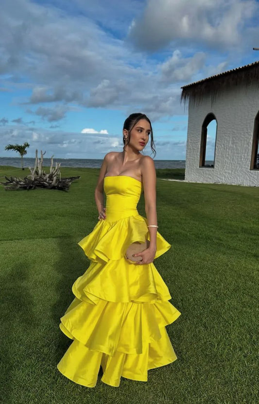 Modest A Line Satin Strapless Yellow Prom Dresses Long for Women Formal Evening Gown AB185