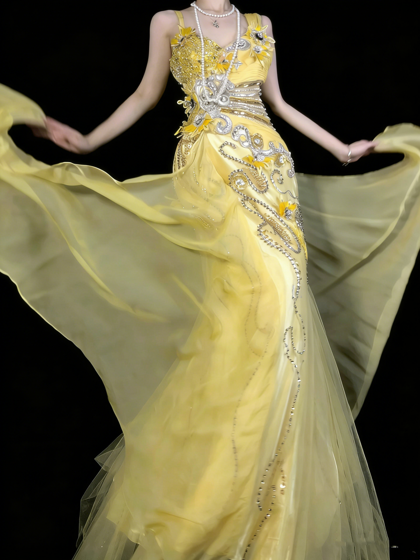 Robe de bal longue en mousseline jaune, bustier cœur, style sirène, ornée de perles, idéale pour les jeunes filles (N1191).