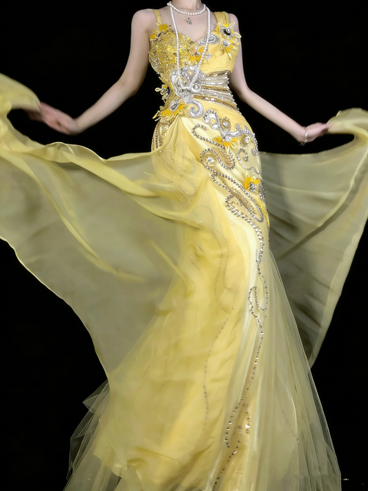 Elegantes, gelbes Chiffonkleid im Meerjungfrauenstil mit herzförmigem Ausschnitt und perlenbesetztem Oberteil – langes Ballkleid für Teenager (N1191)