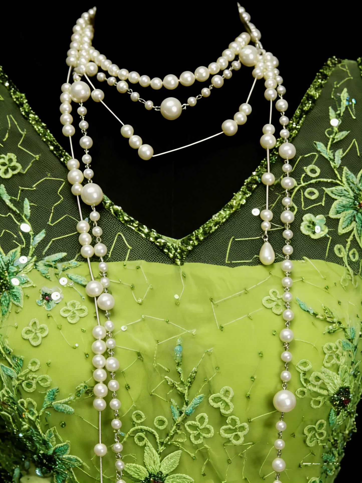 Robe de bal longue sirène vintage années 90 en satin vert bourgeon ornée de perles, col en V, référence N1385