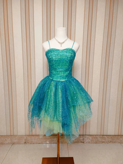 Niedliches Ballkleid mit Spaghettiträgern, grünem Tüll, kurzes Mini-Partykleid, Cocktail-Heimkehrkleider N4199