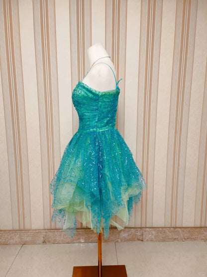 Niedliches Ballkleid mit Spaghettiträgern, grünem Tüll, kurzes Mini-Partykleid, Cocktail-Heimkehrkleider N4199