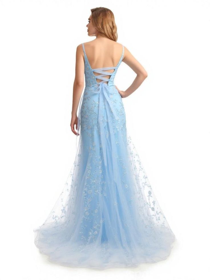 Robe de soirée longue maxi à bretelles spaghetti bleu sirène à fleurs, modèle AB514