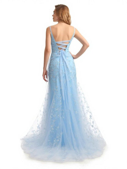 Robe de soirée longue maxi à bretelles spaghetti bleu sirène à fleurs, modèle AB514