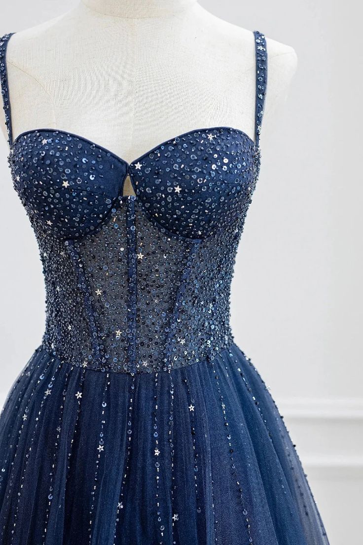 Robe de bal élégante bleu marine à fines bretelles, en tulle et perles, modèle AB516