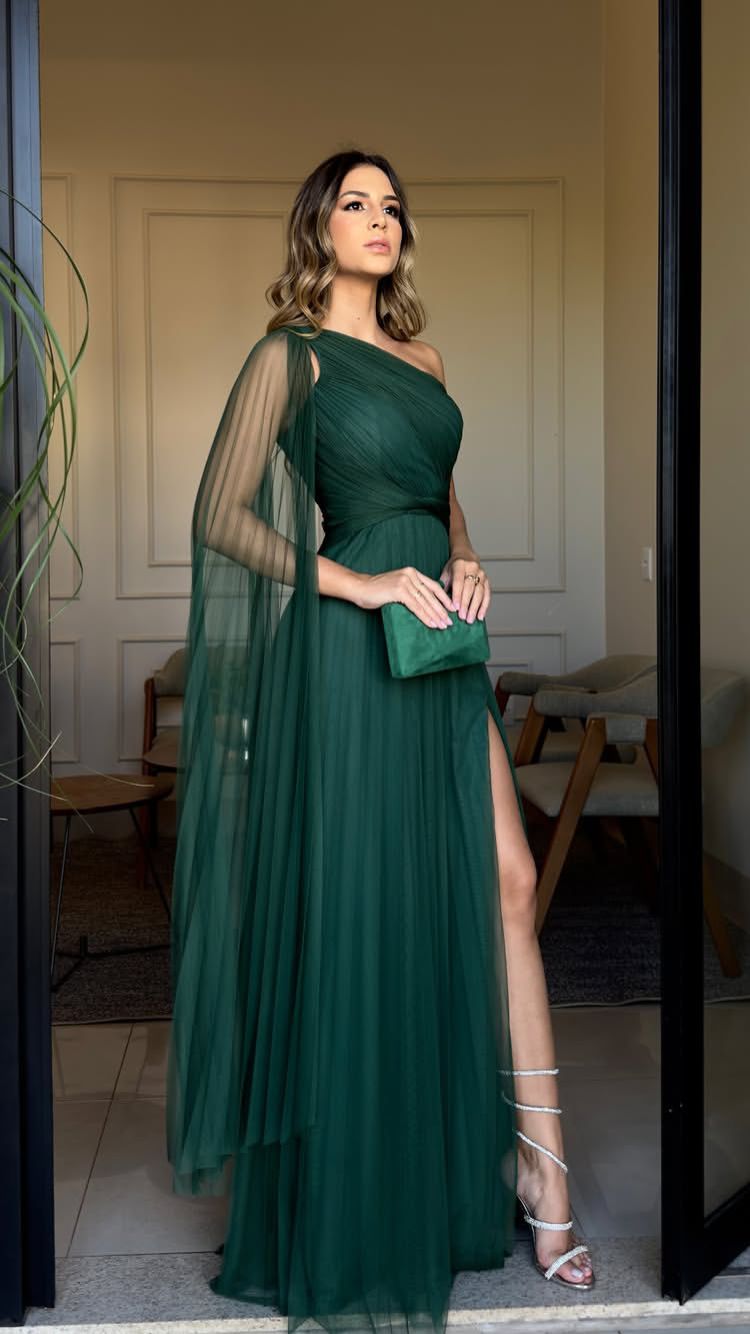 Robe de bal élégante à une épaule et à volants, coupe trapèze, en tulle, sans manches, vert foncé, pour une soirée formelle AB440