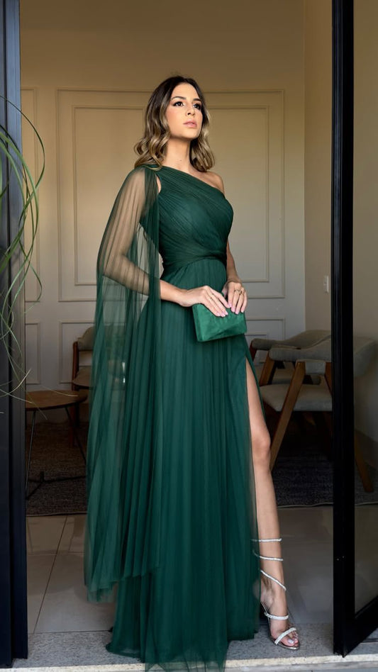Elegant One Shoulder Tiered Prom Dress A-Line Tulle Sleeveless Evening Dress Dark Green Formal Party Gowns AB440