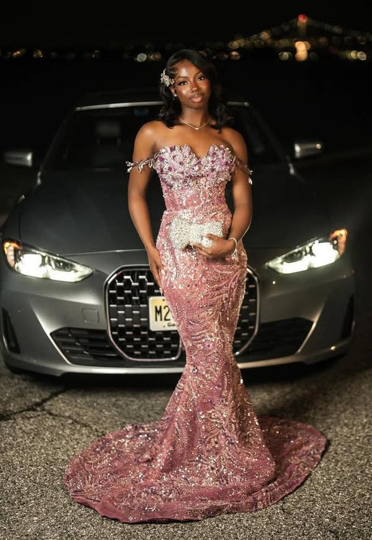 Sparkly Mermaid For Black Girls People Sweetheart Pink Prom Dresses Column Floor Length With Beads N626