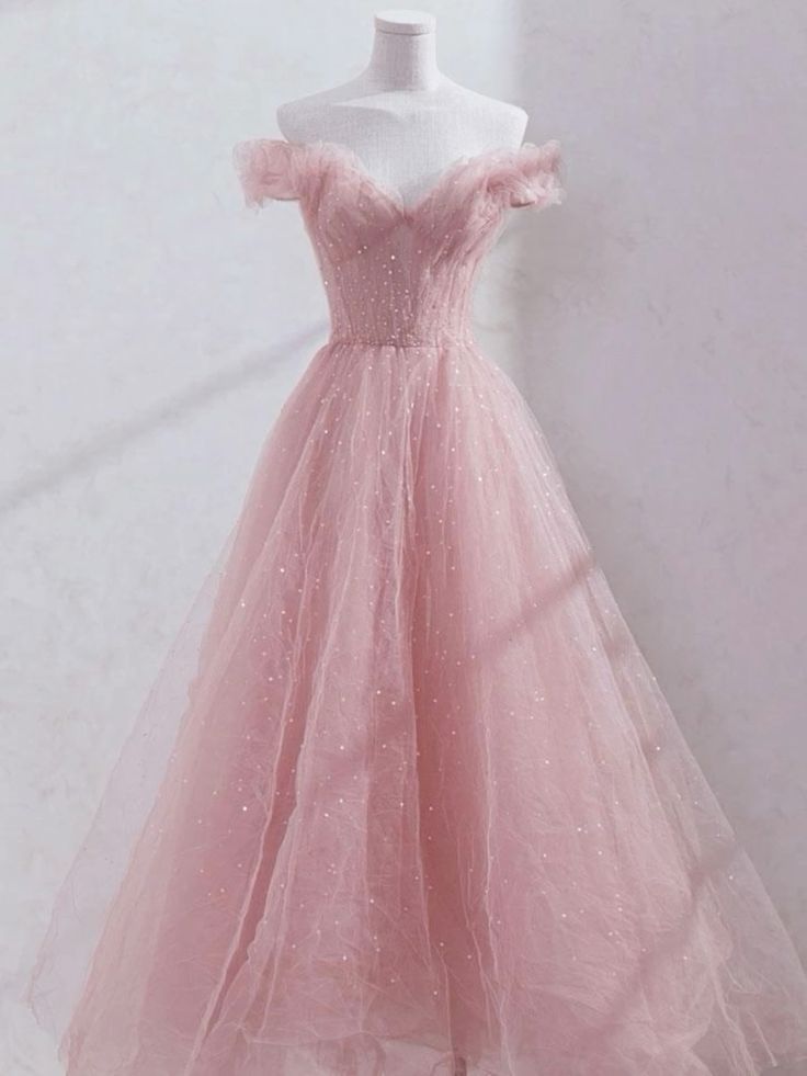 Modest Ball Gown Off The Shoulder Pink Tulle Pleated Long Prom Dresses Inspo Senior Night Dance Prom Dress N022