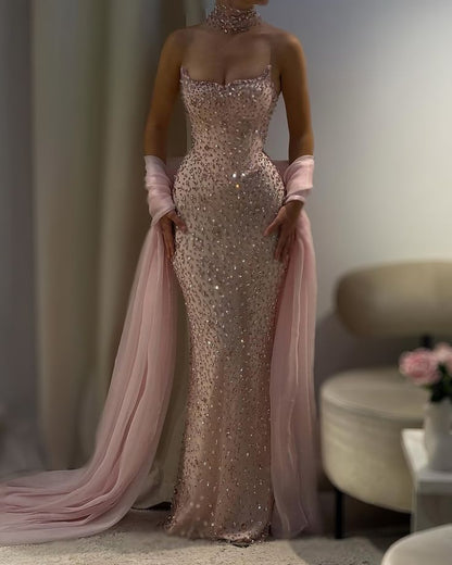 Robes de Soirée Sirène Scintillantes Sans Bretelles Paillettes Champagne avec Cape Robe de Bal de Soirée Tenues de Fête AB2540