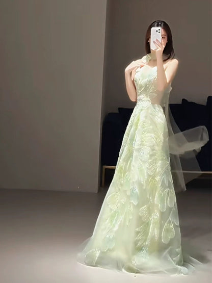 Robes de bal de princesse Coupe A bretelles vert avec écharpe perles soirée longue robe de cérémonie N4296