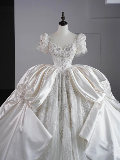 Luxury Ball Gown Sweetheart Satin Tulle Lace Wedding Dress With Sleeves Fairytale Autumn Wedding Dresses RB2825