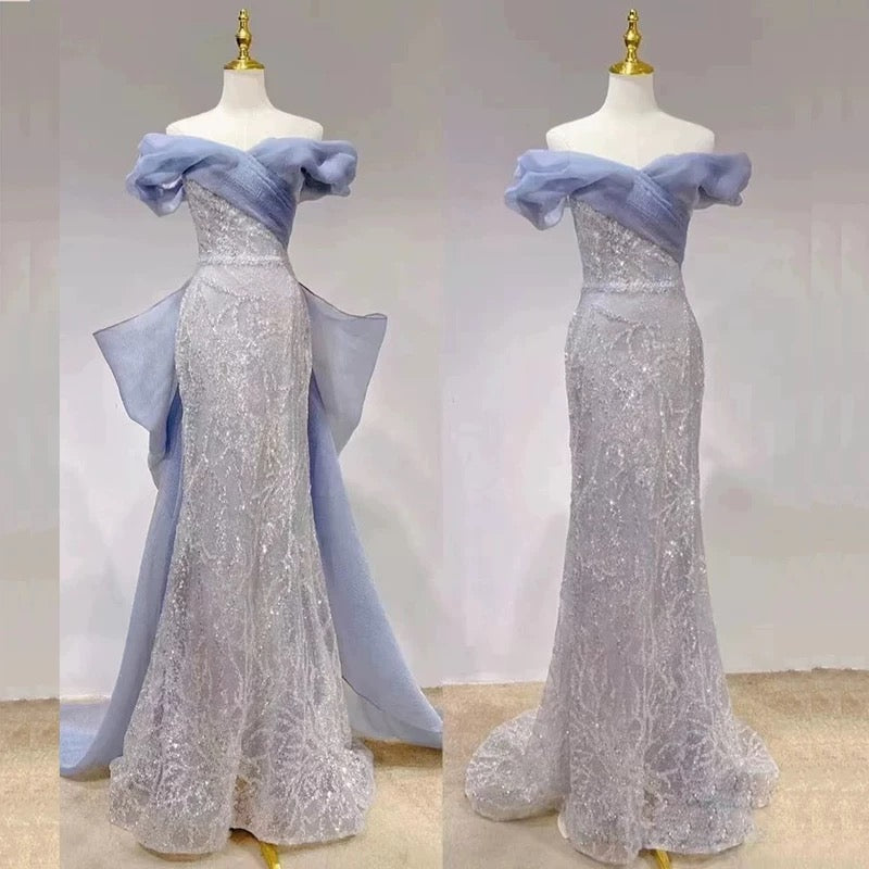 Robe de bal sirène exquise à épaules dénudées et paillettes bleues, longue robe de soirée pour 18e anniversaire, robe de bal RB1293