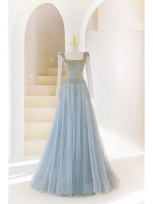 Simple A Line Square Neck Tulle Long Prom Dresses With Beaded Impress 18th Birthday Outfits Prom Gown AB893