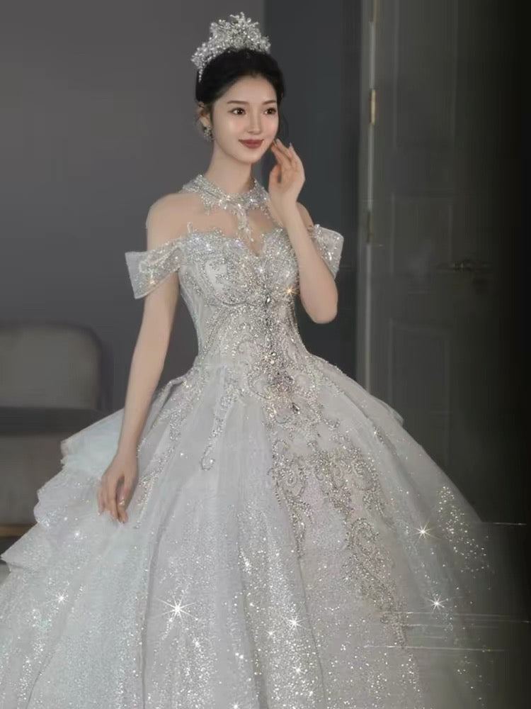 Robe de mariée longue à paillettes, épaules dénudées, manches courtes, blanche et argentée, avec perles, idée de robe de mariée DH2899