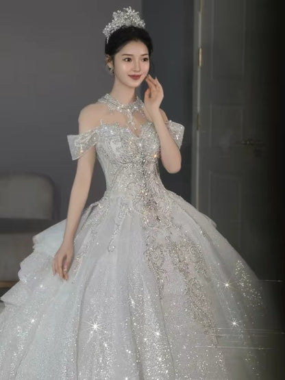 Robe de mariée longue à paillettes, épaules dénudées, manches courtes, blanche et argentée, avec perles, idée de robe de mariée DH2899