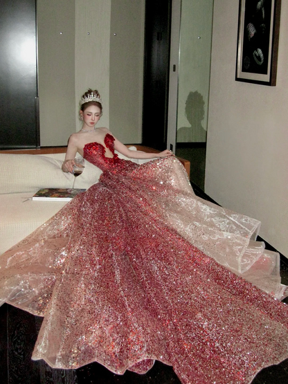Elegantes, burgunderrotes Meerjungfrauen-Abendkleid mit Perlen und Kristallen, ästhetisches langes Abschlussballkleid N058