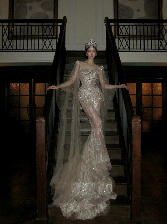 Glittery Mermaid Silver Sequin Long Court Train Wedding Dress With Cape Fairytale Brides Gown Wedding Dresses N067