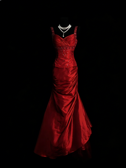 Robe de bal longue rouge satinée à décolleté cœur, style sirène, élégante, pour lycéennes, N1250