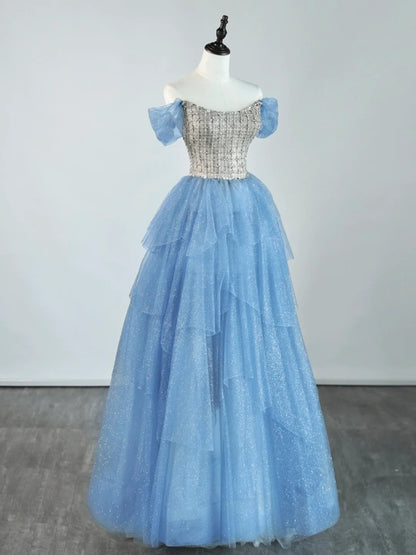 Prinzessinnen-Ballkleid, schulterfrei, Tüll, blau, formelles Outfit für College, Abschlussball, Mädchen-Abschlussball N1347