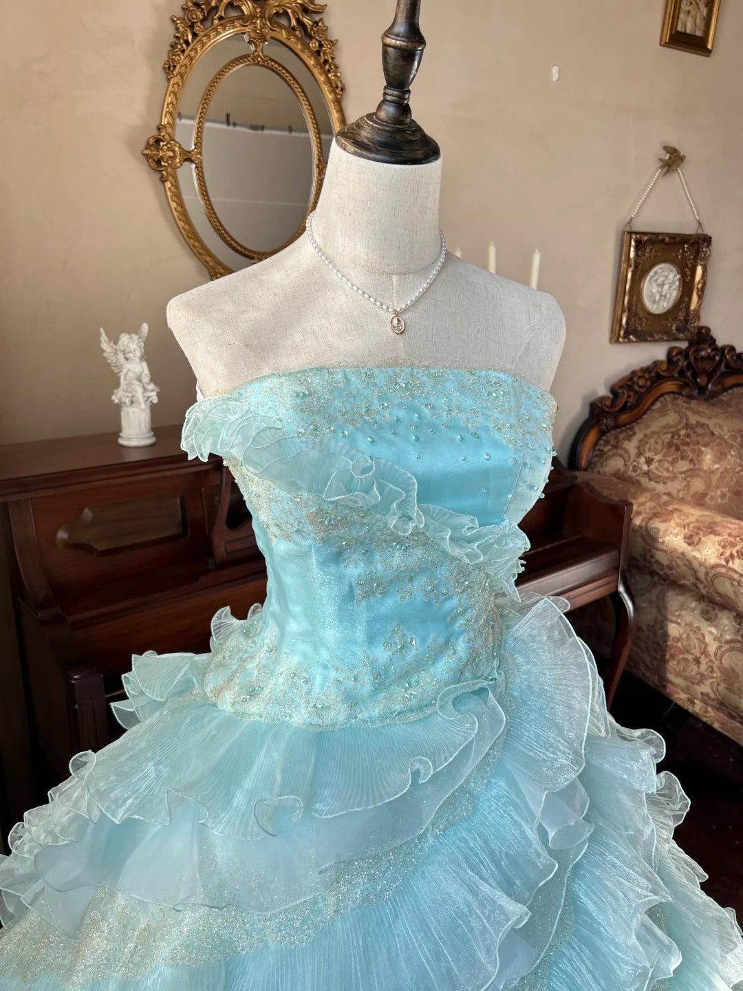 Süßes ballkleid trägerlos hellblau mit gestuften Lagen Sweet 16 Kleider Lang 15 Vestidos De Fiesta N2268
