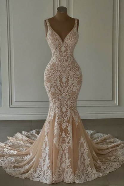 Meerjungfrauen-Hochzeitskleid aus Spitze mit herzförmigem V-Ausschnitt, langem Brautkleid mit Schleppe AB1708