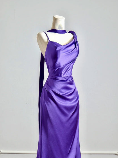 Robe de bal longue de soirée en satin raisin, coupe sirène simple, col asymétrique, avec foulard intégré, référence N346