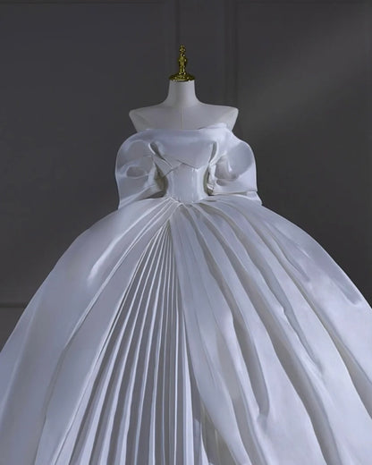 Timeless Wedding Dresses Ball Gown Strapless Satin Sleeves Pleated Brides Dress With Train Corset Fitted Long Bridal Gowns AB2475