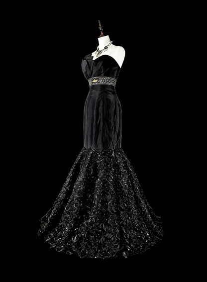 Robe de Bal Vintage Esthétique Sirène Rétro Années 70 en Satin Noir Robe Longue de Soirée N2151