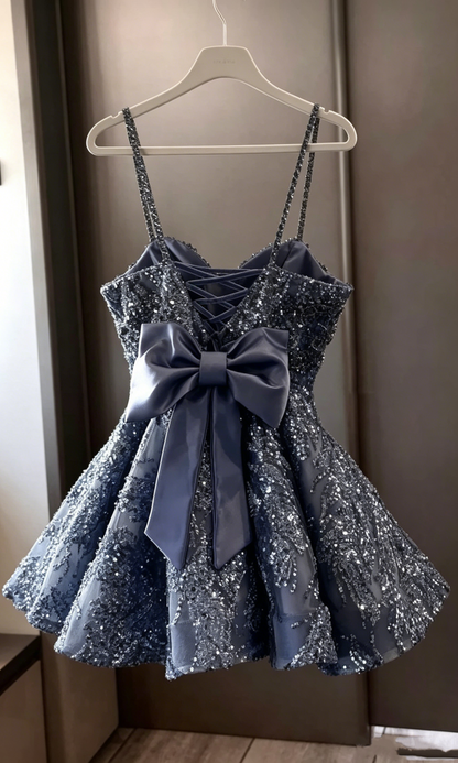Robe de bal élégante à bretelles fines bleu poudré à paillettes courte mini lycéenne épater inspo robe de remise des diplômes robes de bal RB3322