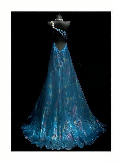 Robe de bal longue bleue à une épaule, coupe trapèze, pour adolescentes (N1183)