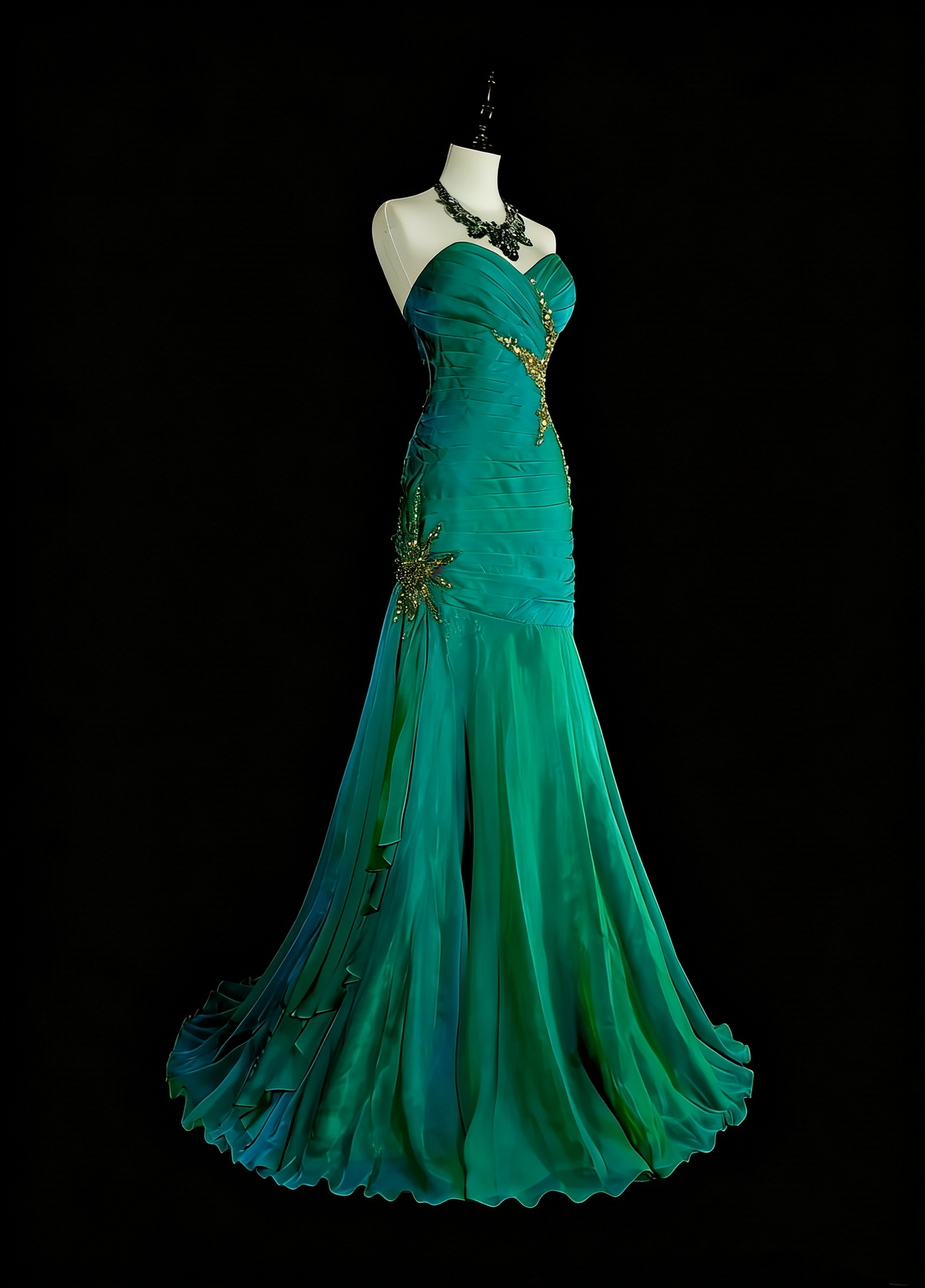 Robe longue vintage sirène en satin vert satiné ornée de perles, idéale pour une soirée de 18 ans ou un bal de promo (N1751)