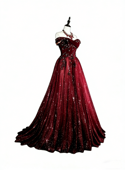 Schulterfreies, glitzerndes A-Linien-Abendkleid in Burgunderrot mit Applikationen, weinrotes Partykleid N1777