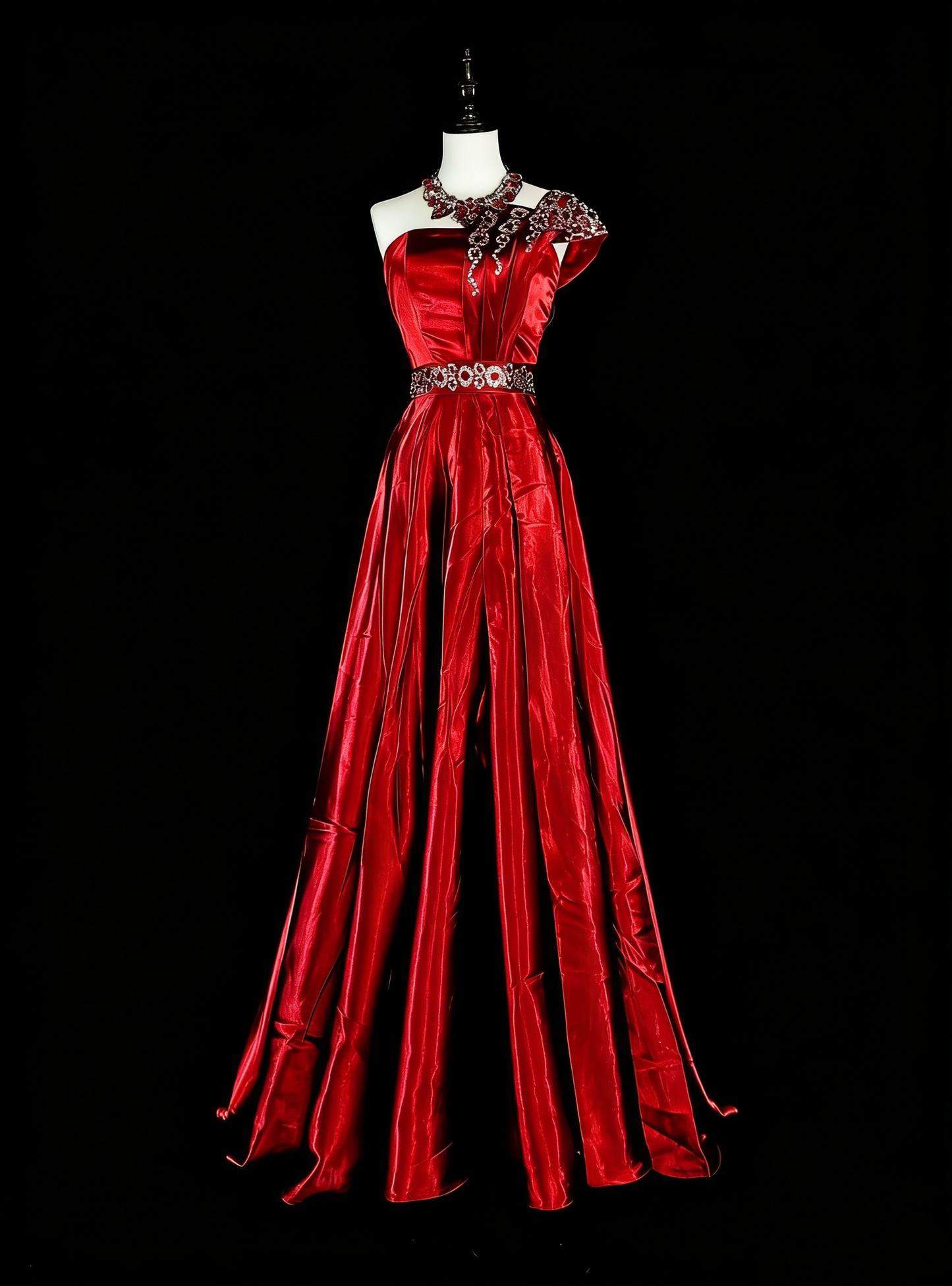 Robe de bal longue rouge vintage asymétrique à une épaule, ornée de perles, référence N1825