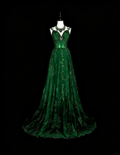 Robe de bal longue N1847, coupe trapèze, bretelles spaghetti, tulle vert foncé orné d'appliqués