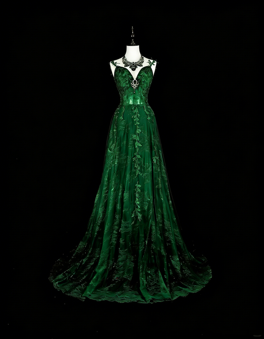 Modest A line Spaghetti Straps Dark Green Tulle With Appliques Long Prom Gown Party Wear Dresses N1847