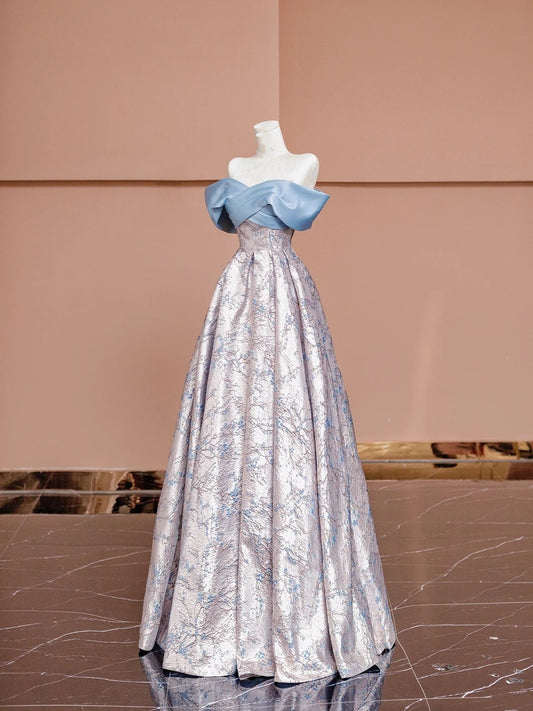Gorgeous A line Off The Shoulder Blue With Sleeves Satin Formal Evening Dress Gowns Prom Dresses N726