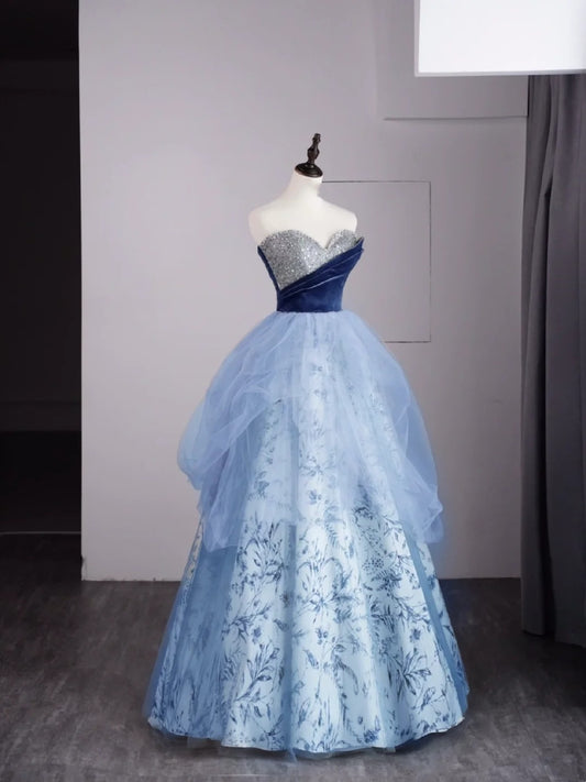 Cute Ball Gown Sweetheart Blue Tulle Floral Sleeveless With Beaded Bodice Long Quinceanera Dresses Sweet 15 16 Birthday Outfit N689