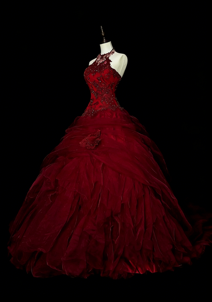 Robe de bal vintage dos nu en tulle bordeaux, robe de quinceañera longue, taille 15, Vestidos De Fiesta N1480