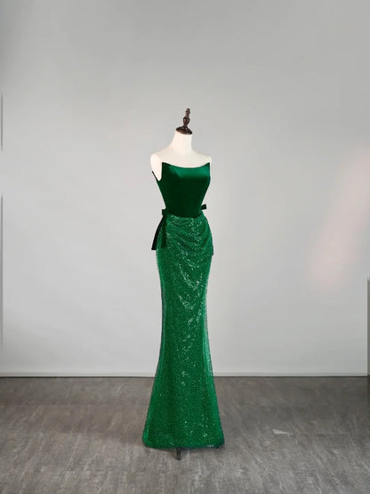 Stunning Mermaid Strapless Green Sequined Prom Dresses Inspiration Evening Dress Princess Graduation Gown N1078
