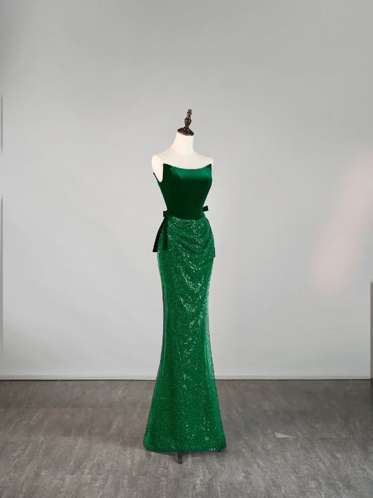 Stunning Mermaid Strapless Green Sequined Prom Dresses Inspiration Evening Dress Princess Graduation Gown N1078