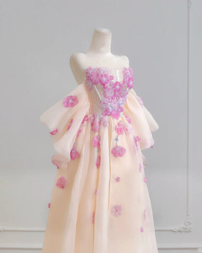Prinzessinnen-Ballkleid, trägerlos, champagnerfarbener Tüll mit Spitze, langes Abendkleid, Inspiration für Partykleider N309