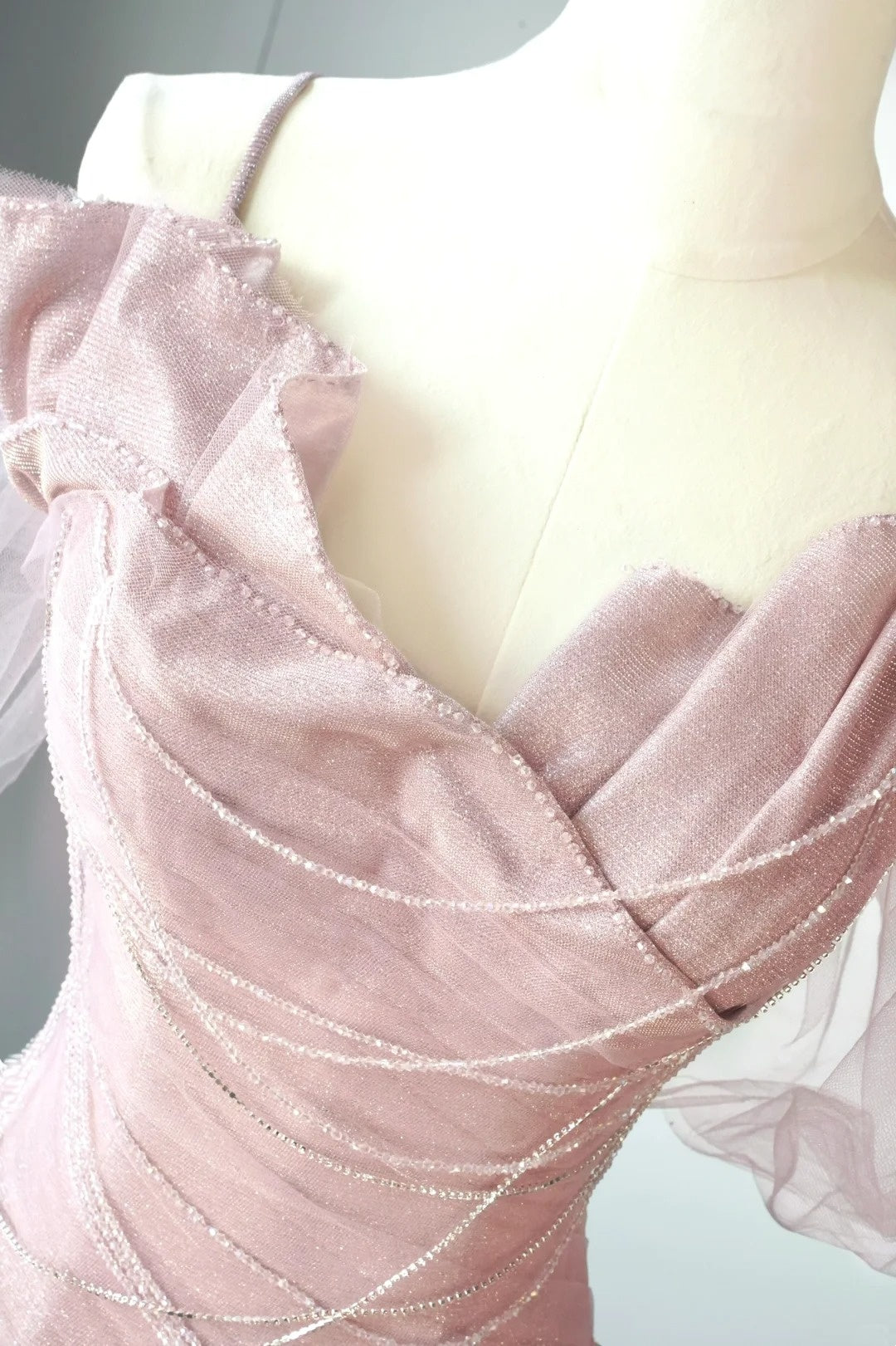 Magnifique robe de bal sirène rose en tulle à fines bretelles, sans manches, longue et élégante, AB336