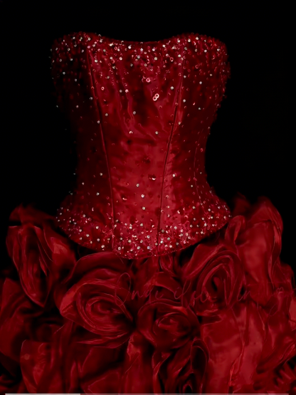 Modest Ball Gown Strapless Red Organza 80s Long Prom Dresses Inspiration Party Gowns Vintage Sweet 16 Dress N1307