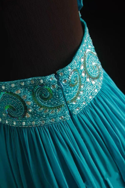 Vintage A line Halter Blue Chiffon Sleeveless Summer Formal For Women Girls Teens Prom Dresses N2245