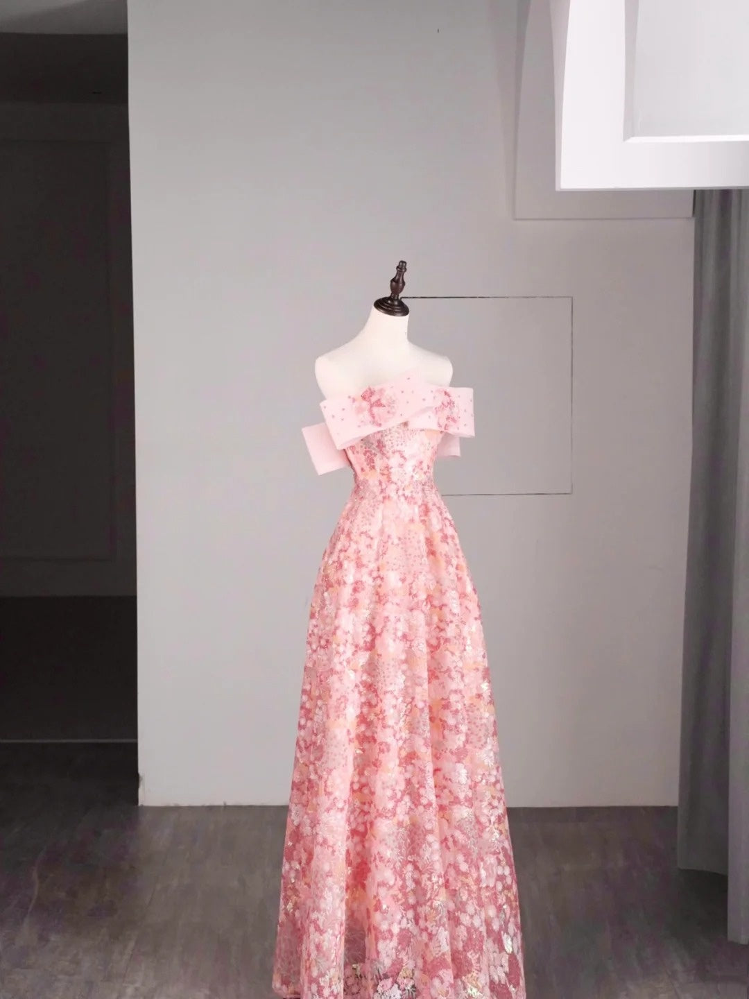 Elegantes, schulterfreies, langes, pinkfarbenes Pailletten-Abendkleid in A-Linie für Teenager, formelles Abendkleid N1079