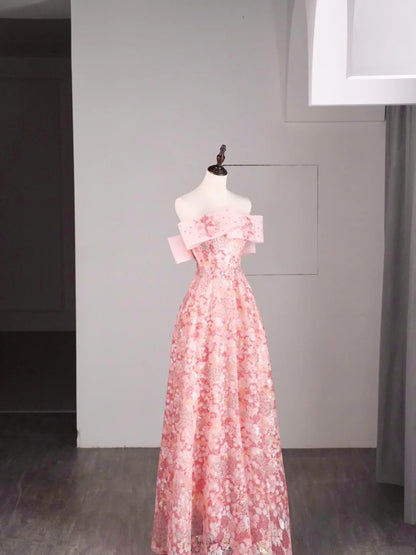 Elegantes, schulterfreies, langes, pinkfarbenes Pailletten-Abendkleid in A-Linie für Teenager, formelles Abendkleid N1079