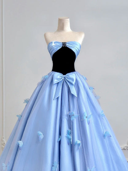 Zeitloses, trägerloses Ballkleid aus blauem Satin mit Schleife – Inspiration für lange Abendkleider und Partykleider N308