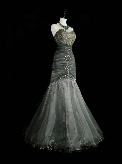 Vintage Ballkleider Ästhetik 1950er Jahre Retro Meerjungfrau Herz-Ausschnitt Grau Langes Partykleid N2022