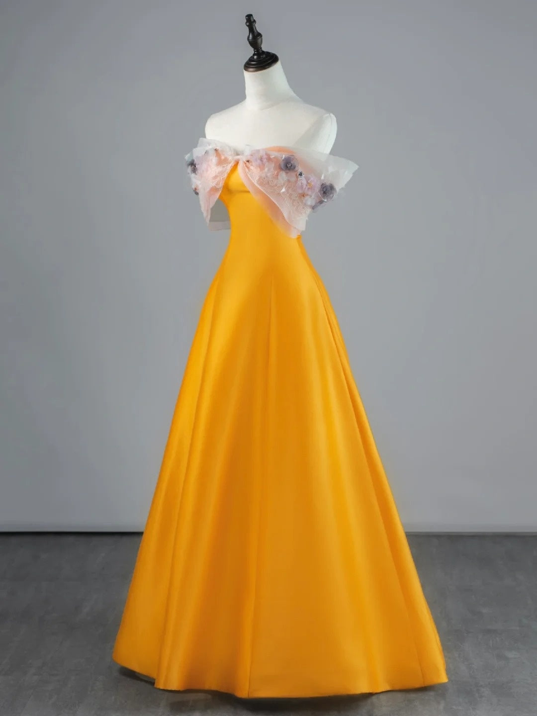Modest A line Off The Shoulder Orange Appliqued Lace Satin Long Prom Dresses Night Formal Dresses N682